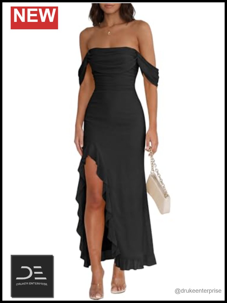Off Shoulder Bodycon Maxi Dress With High Slit Ruffle Hem